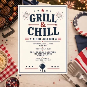 Styled product mockup: 4th of July BBQ Invitation Template, Grill & Chill Editable Canva Invite, Patriotic Fireworks 5x7 Printable Digital Download.