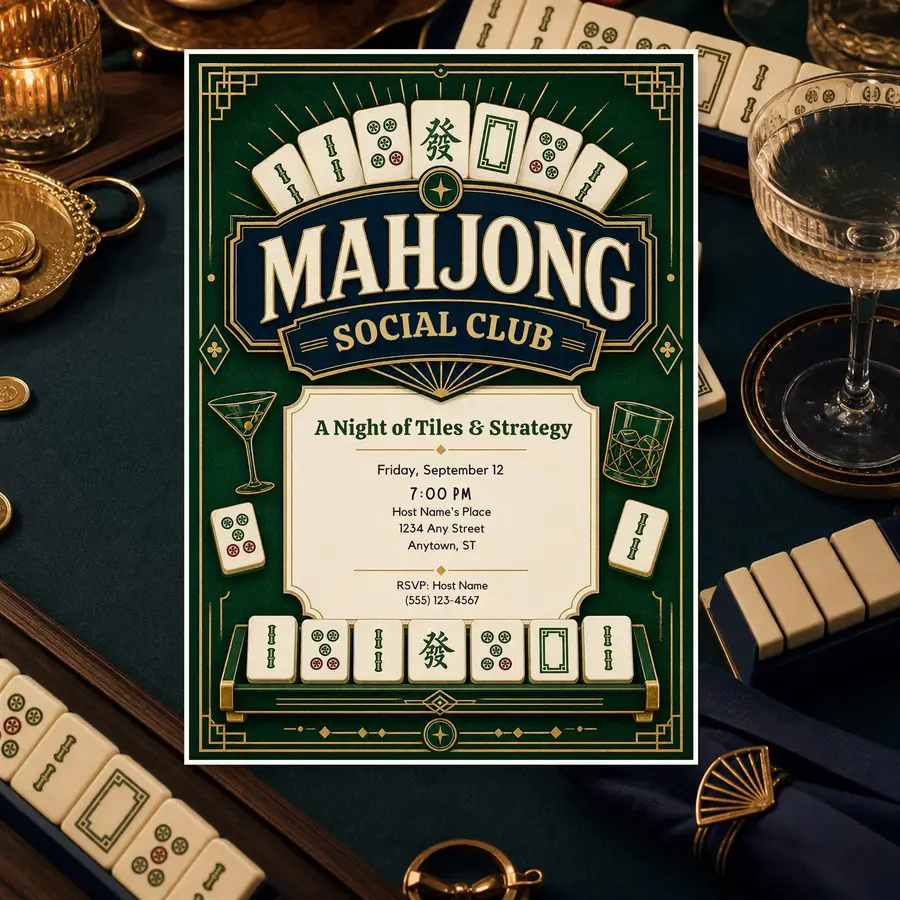 Styled product mockup: Mahjong Social Club Invitation Template, Editable Canva Invite, 5x7 Printable Digital Invitation, Instant Download.