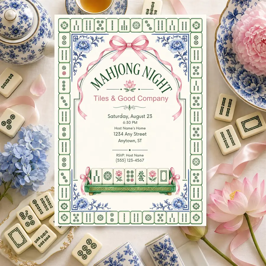 Styled product mockup: Mahjong Night Invitation Template, Editable Canva Invite, Chinoiserie Tiles Party, 5x7 Printable Digital Instant Download.