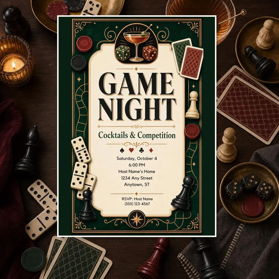 Styled product mockup: Game Night Invitation Template, Cocktails & Competition Editable Canva Invite, 5x7 Printable Digital Instant Download.