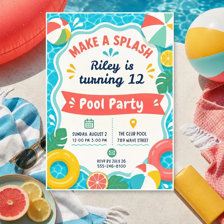 Styled product mockup: Pool Party Birthday Invitation Template, Editable Canva Template, 5x7 Printable Digital Invite, Instant Download.
