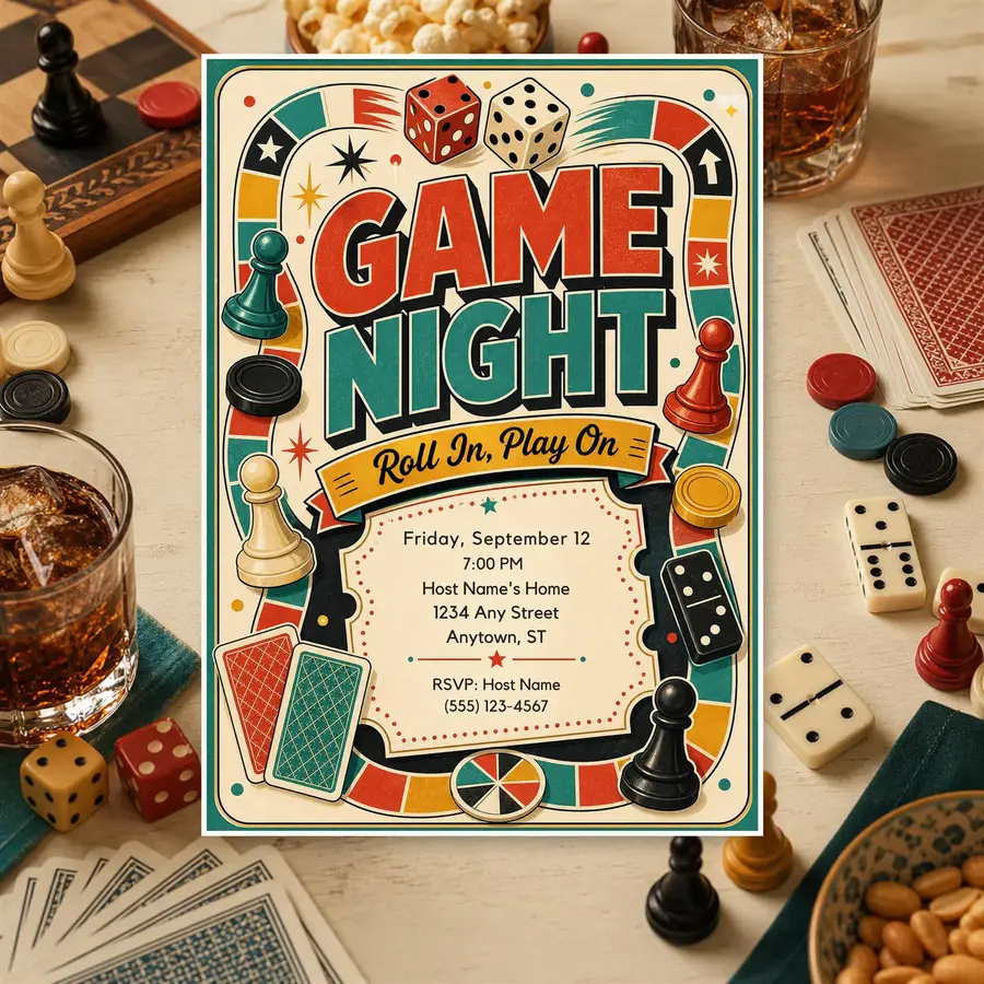 Styled product mockup: Game Night Invitation Template, Editable Canva Invite, Board Game Party 5x7 Printable, Digital Invitation, Instant Download.