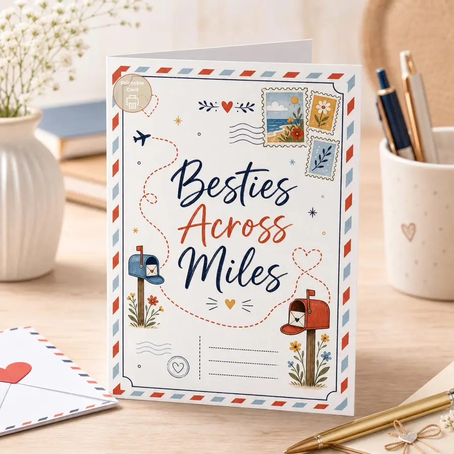 Styled product mockup: Send a sweet note across the miles with this printable friendship card featuring the hand-lettered message "Besties Across Miles", airmail edging, post.