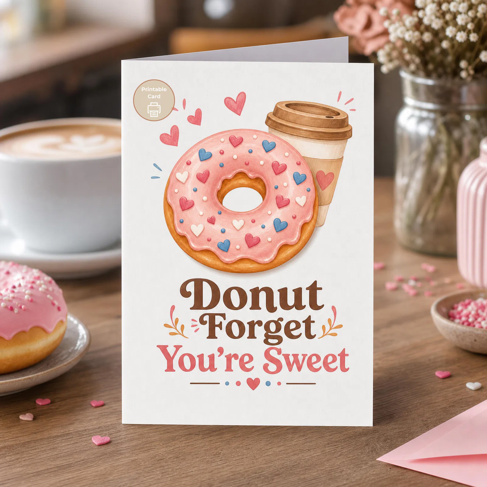 Styled product mockup: This printable donut card features a pink frosted donut, cozy coffee cup, and playful red and blue heart accents with the message "Donut Forget You're.