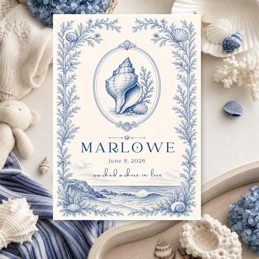 Styled product mockup: Welcome a new little one with a soft coastal baby card, designed with blue seashell details and a calm seaside feel.