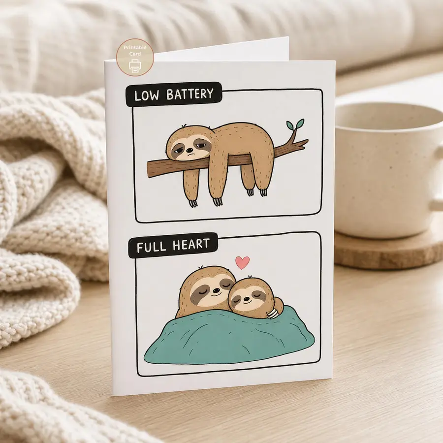 Styled product mockup: For the person who runs out of energy but never out of love, this sloth card says it softly.