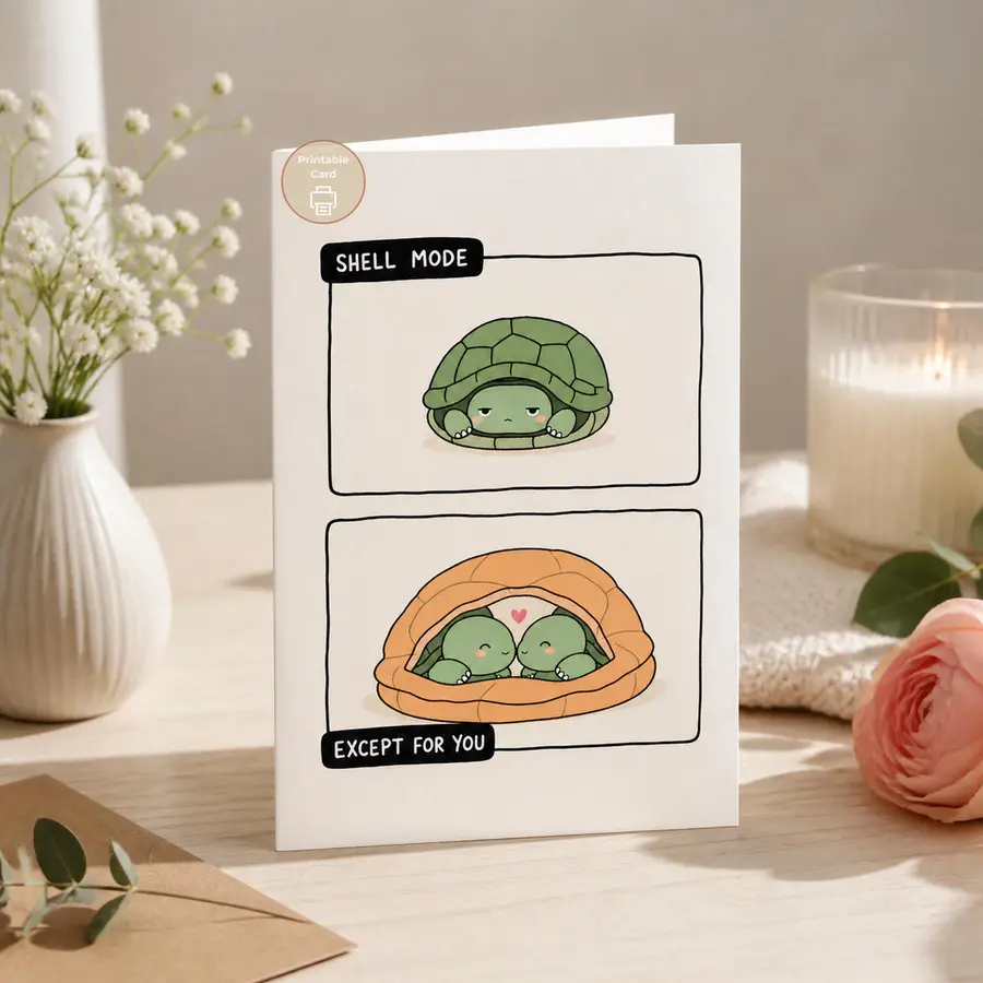 Styled product mockup: This little turtle card is for the person you happily let into your quiet shell.
