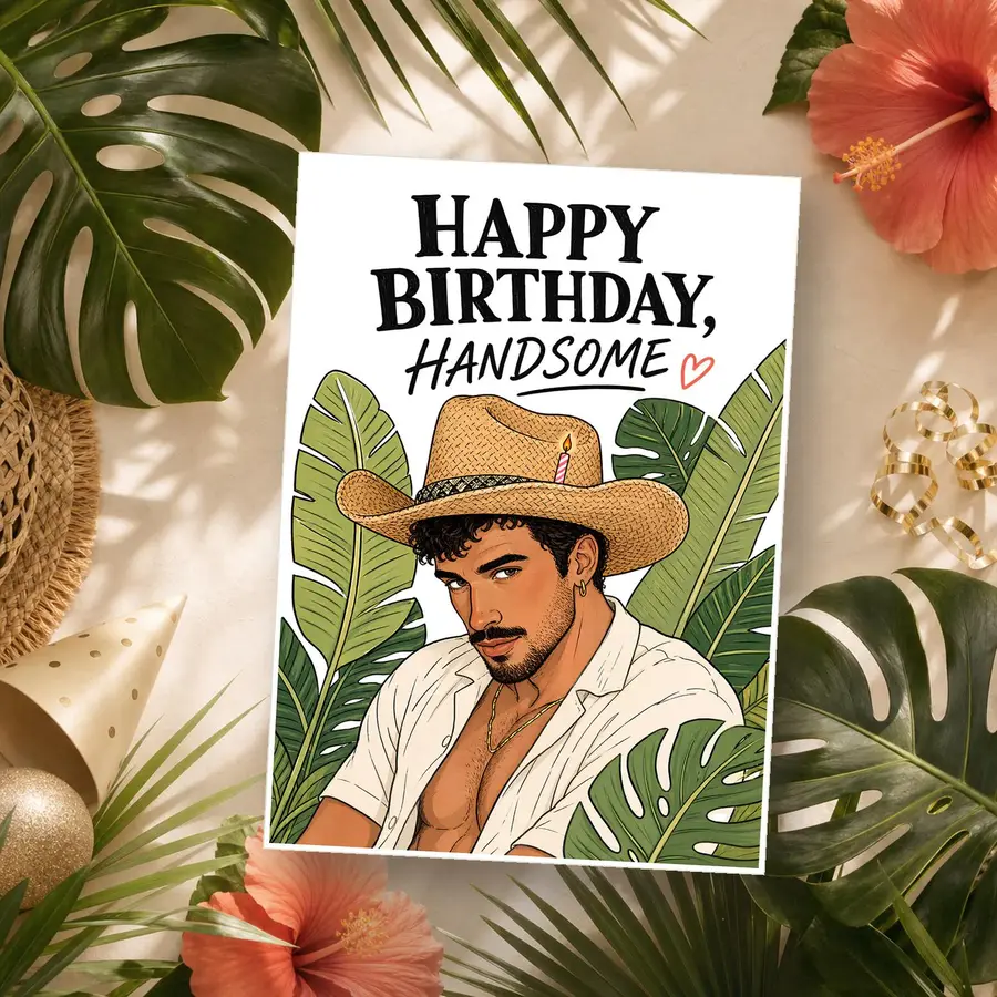 Styled product mockup: This birthday card has a flirty tropical mood, with bold black lettering, lush green leaves, and a handsome illustrated man in a straw hat.