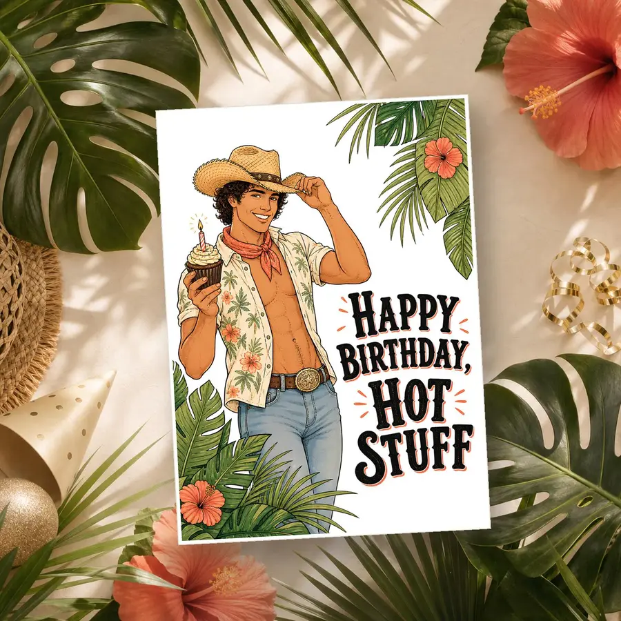 Styled product mockup: Bring a little heat to their birthday with a playful tropical cowboy card that feels sunny, cheeky, and ready for celebration.