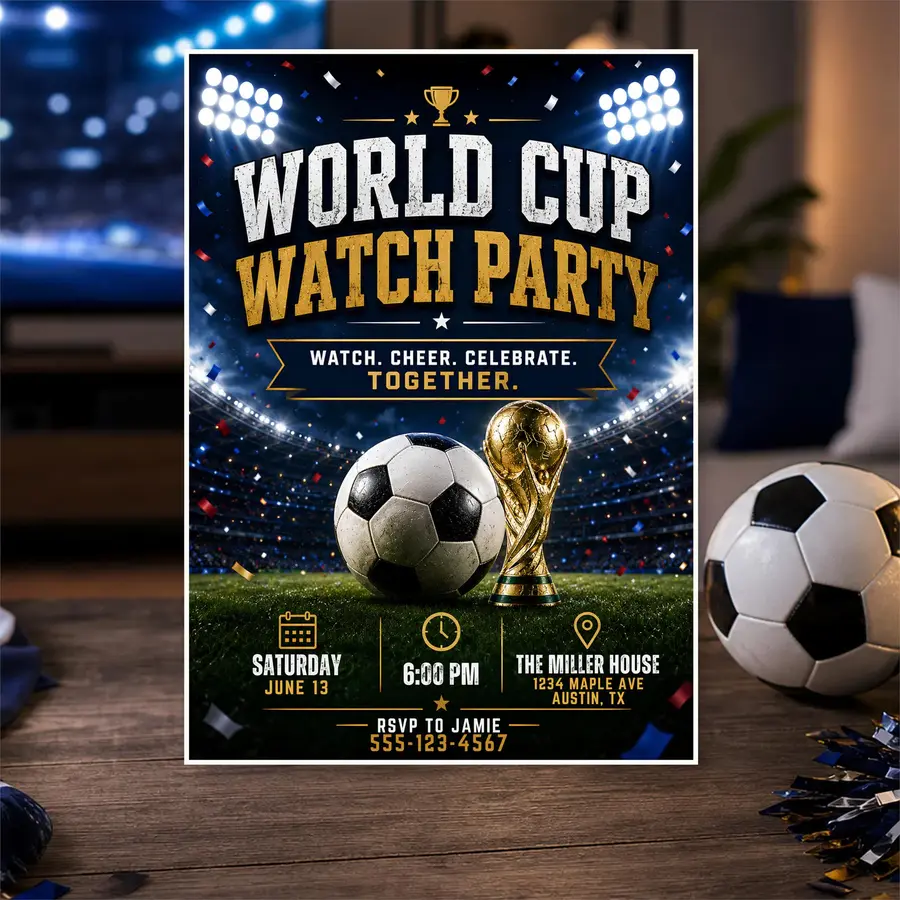 Styled product mockup: Set the tone for a party with a fifa world cup invitation template that feels polished and easy to use.