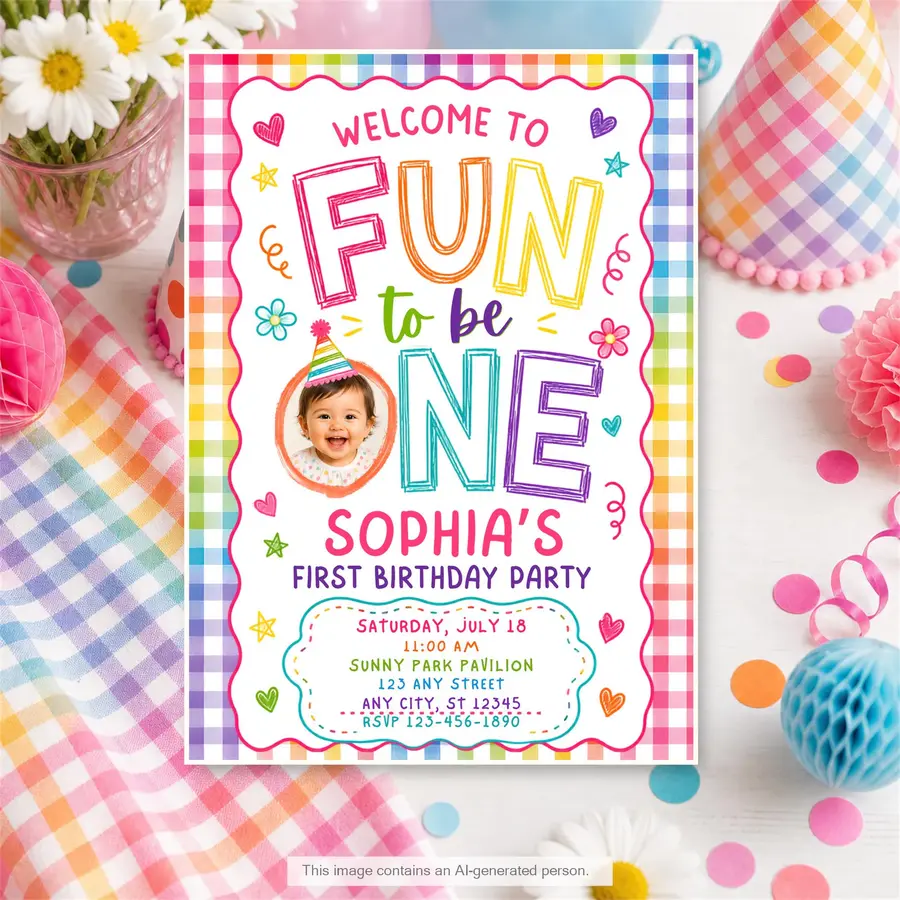 Styled product mockup: Set the tone for a birthday party with a first birthday invitation template that feels polished and easy to use.