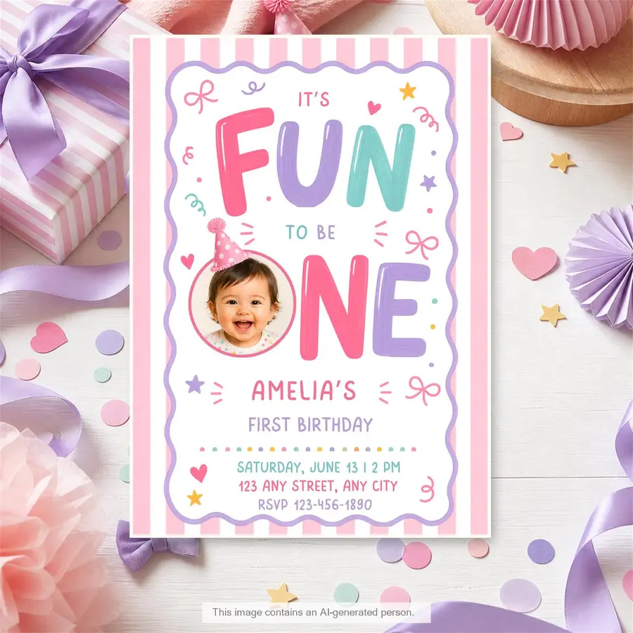 Styled product mockup: Set the tone for a birthday party with a first birthday invitation template that feels polished and easy to use.