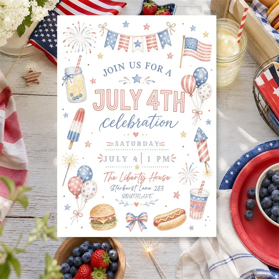 Styled product mockup: Set the tone for a party with a fourth of july party invitation template that feels polished and easy to use.