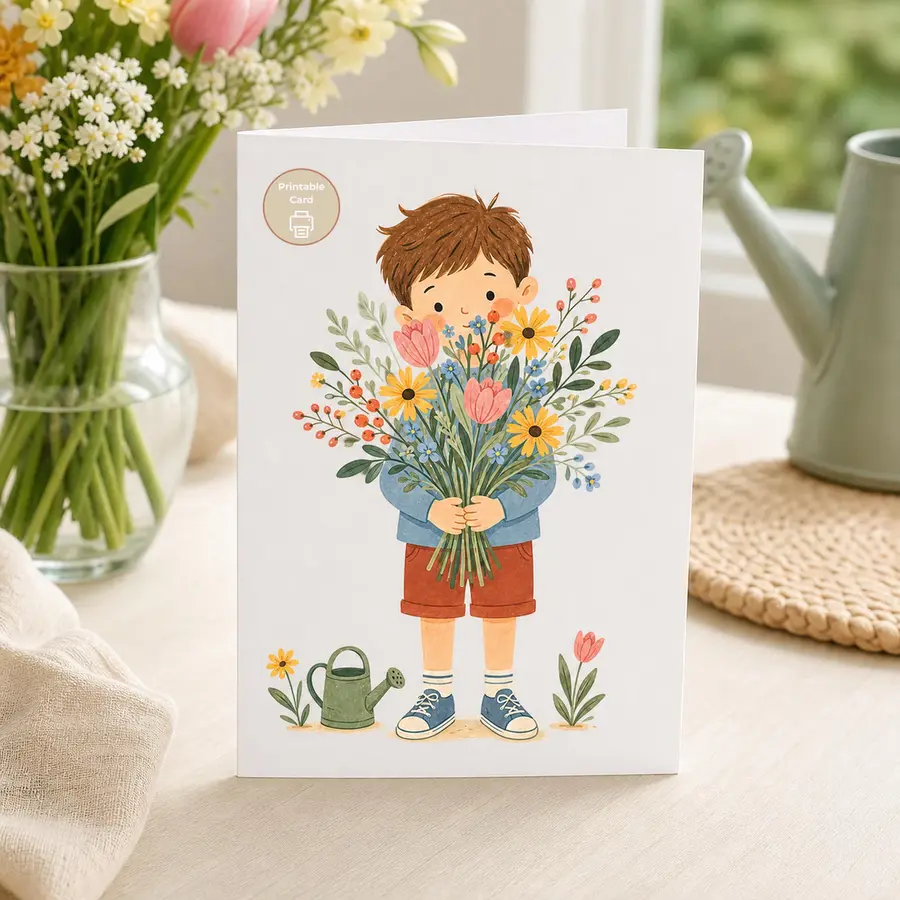 Styled product mockup: A little boy holding a garden bouquet gives this thank you card a gentle, heartfelt feel.