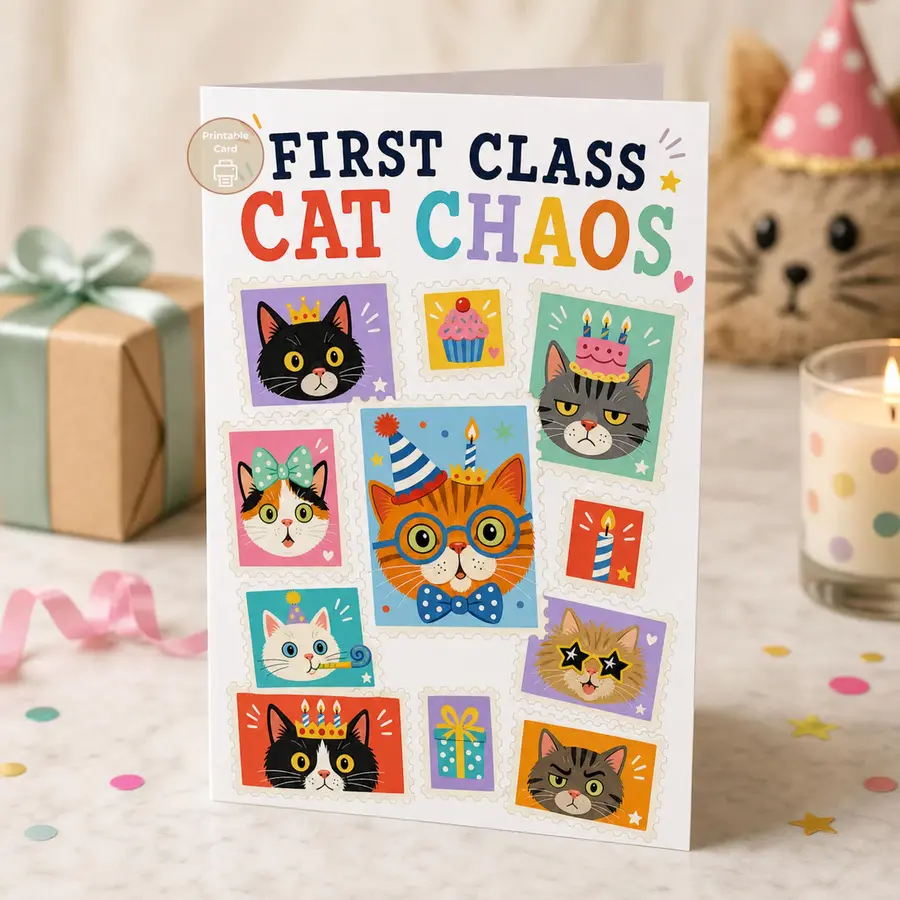 Styled product mockup: A little birthday chaos feels just right for the cat lover who enjoys a playful surprise.