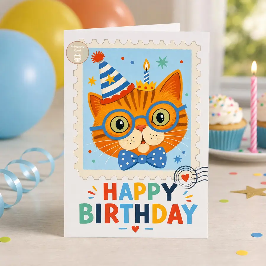 Styled product mockup: A bright little party cat brings a playful feel to a birthday message for a child, friend, or cat-loving grown-up.