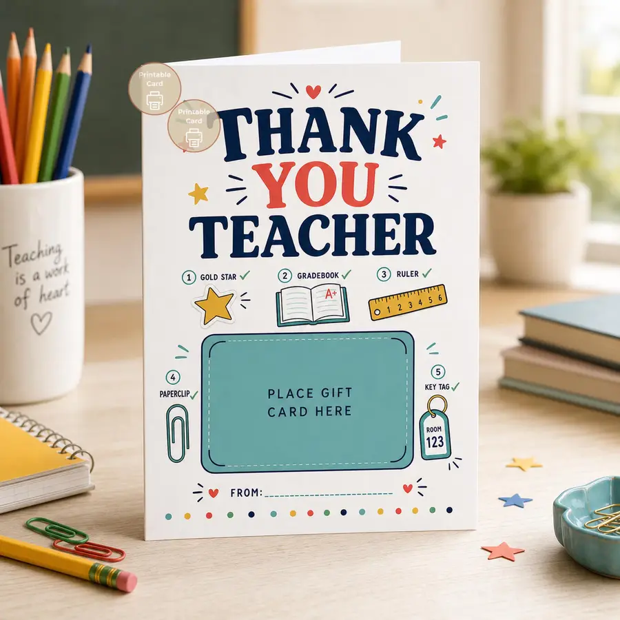 Styled product mockup: Printable Teacher Thank You Card, Gift Card Holder, School Appreciation