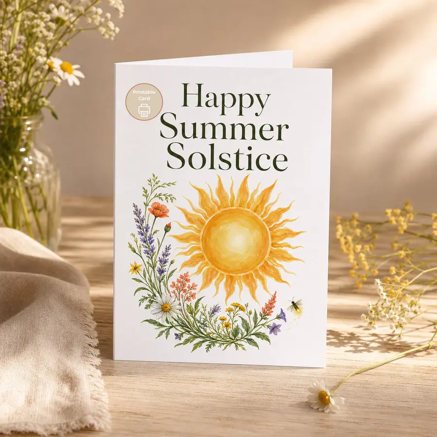 Styled product mockup: Send a little sunshine for the longest day with this printable Summer Solstice card.