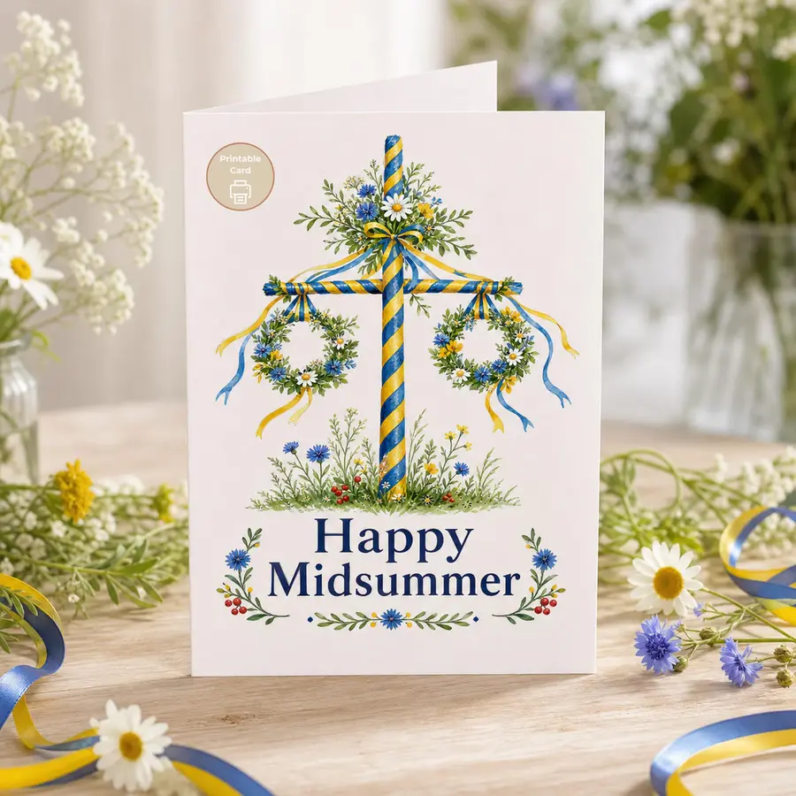 Styled product mockup: Send a little midsummer sunshine with this cheerful maypole card, illustrated with blue and yellow ribbons, wildflower wreaths, daisies, and a Scandinavian.