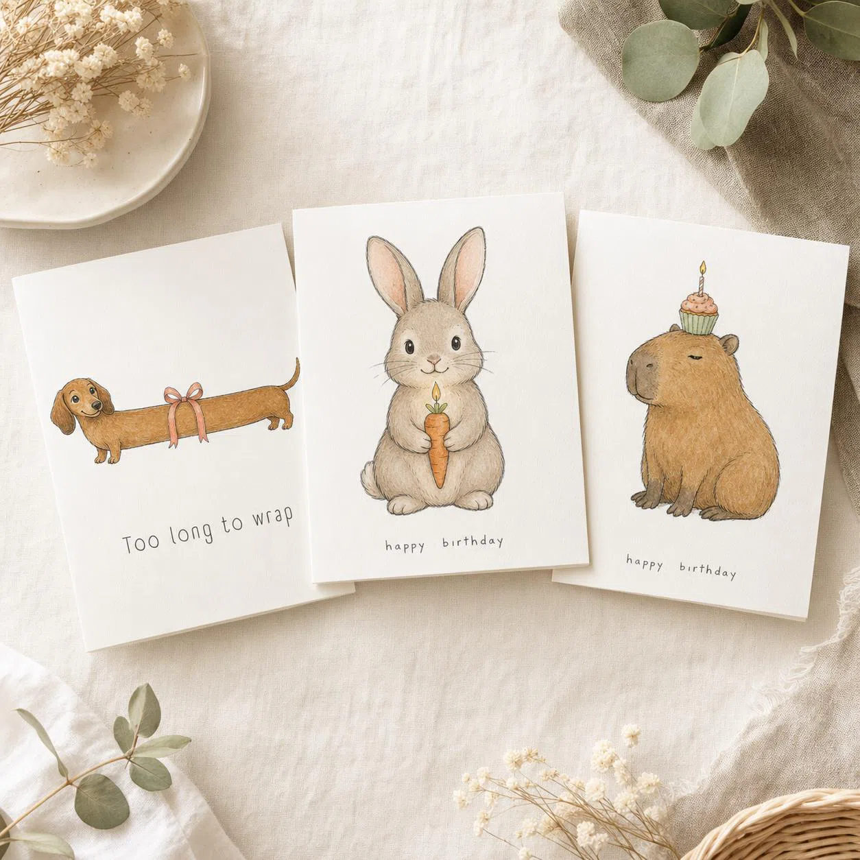 Styled product mockup: A cute printable animal card bundle with a dachshund gift-wrap design plus bunny and capybara birthday cards.