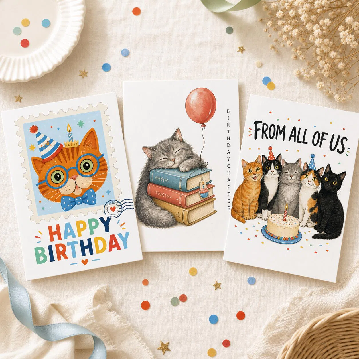 Styled product mockup: A cheerful printable cat birthday card bundle with three playful designs for cat lovers, kids, friends, coworkers, and group greetings.