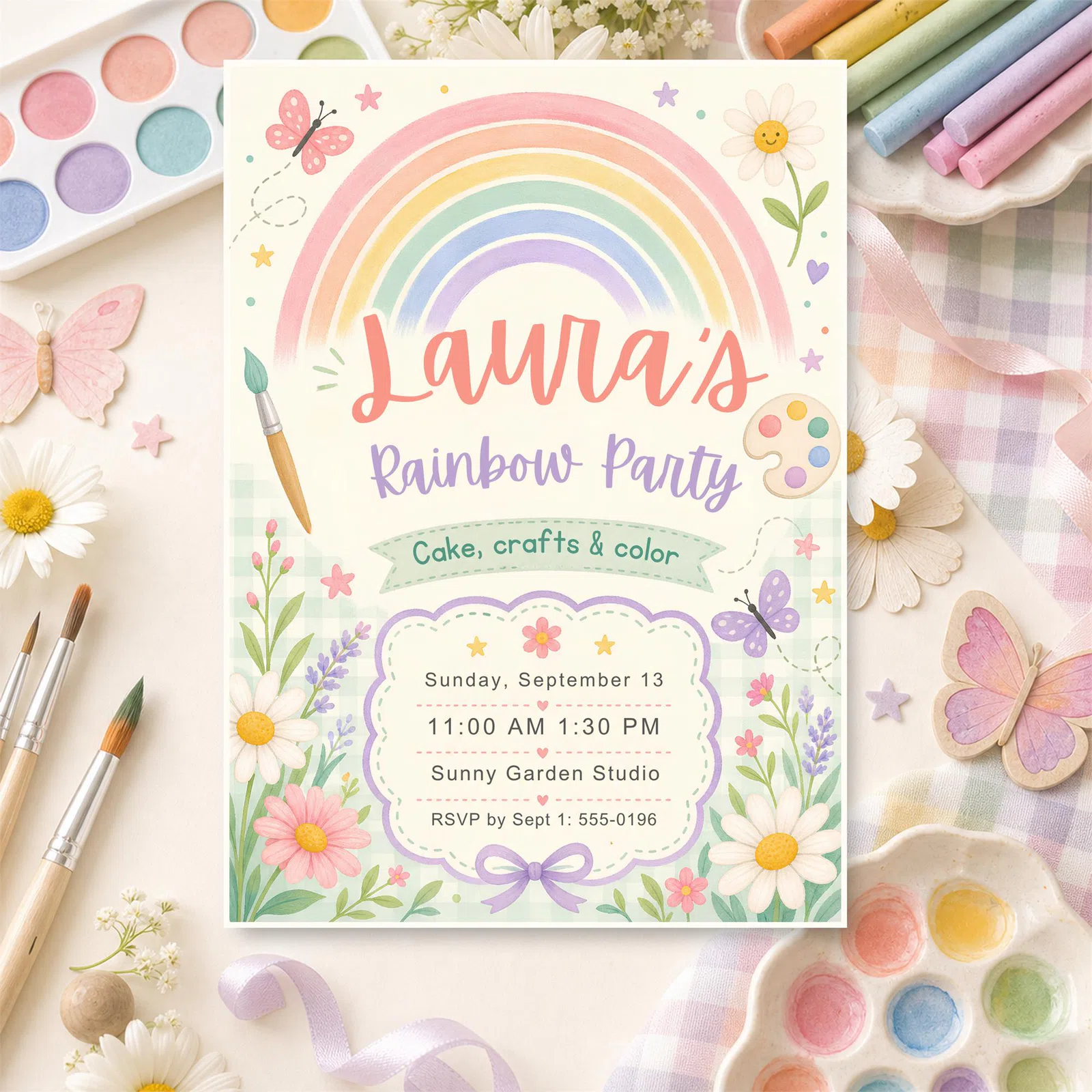 Styled product mockup: Set the tone for a party with a rainbow art party invitation template that feels polished and easy to use.