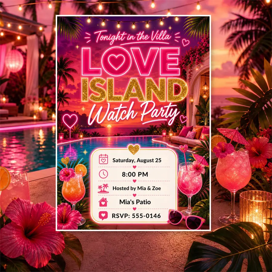 Styled product mockup: Set the tone for a party with a watch party invitation template that feels polished and easy to use.