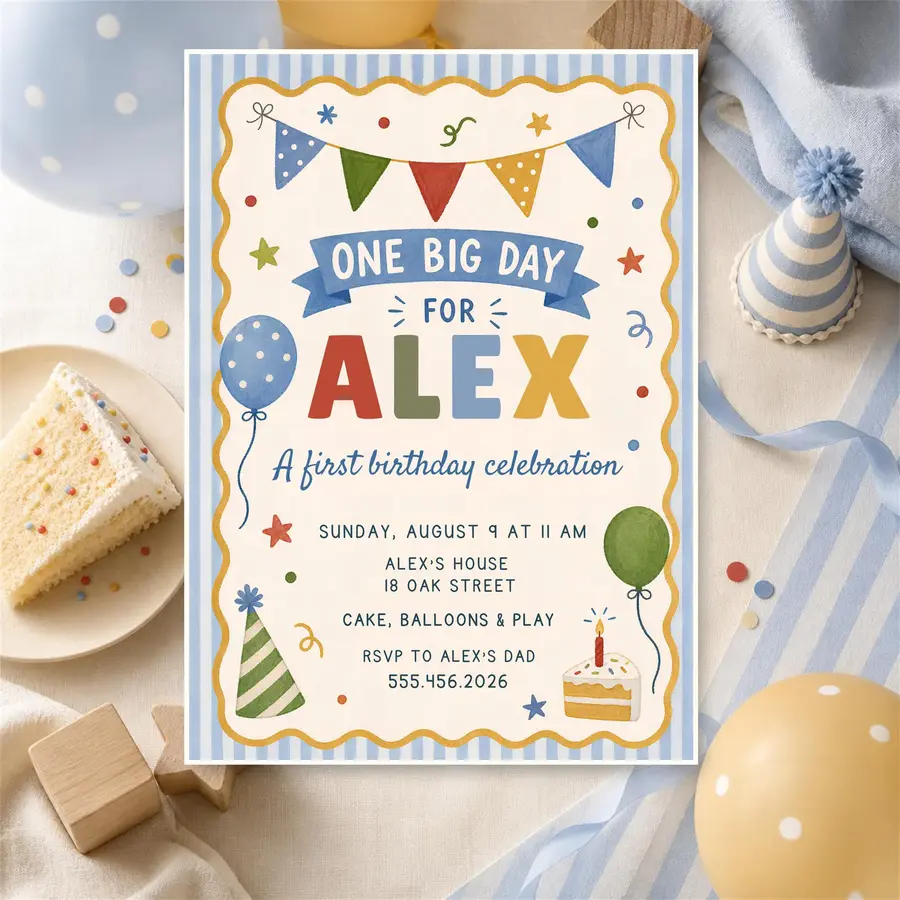 Styled product mockup: Set the tone for a birthday party with a first birthday invitation template that feels polished and easy to use.