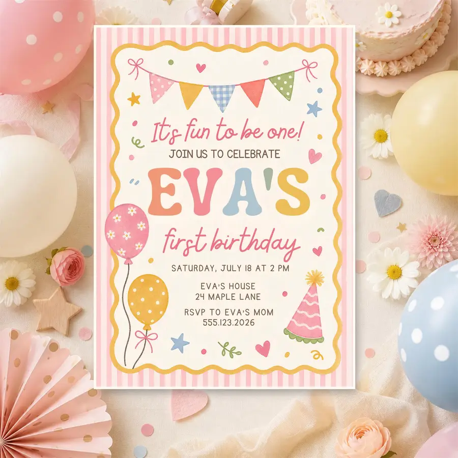 Styled product mockup: Set the tone for a birthday party with a first birthday invitation template that feels polished and easy to use.