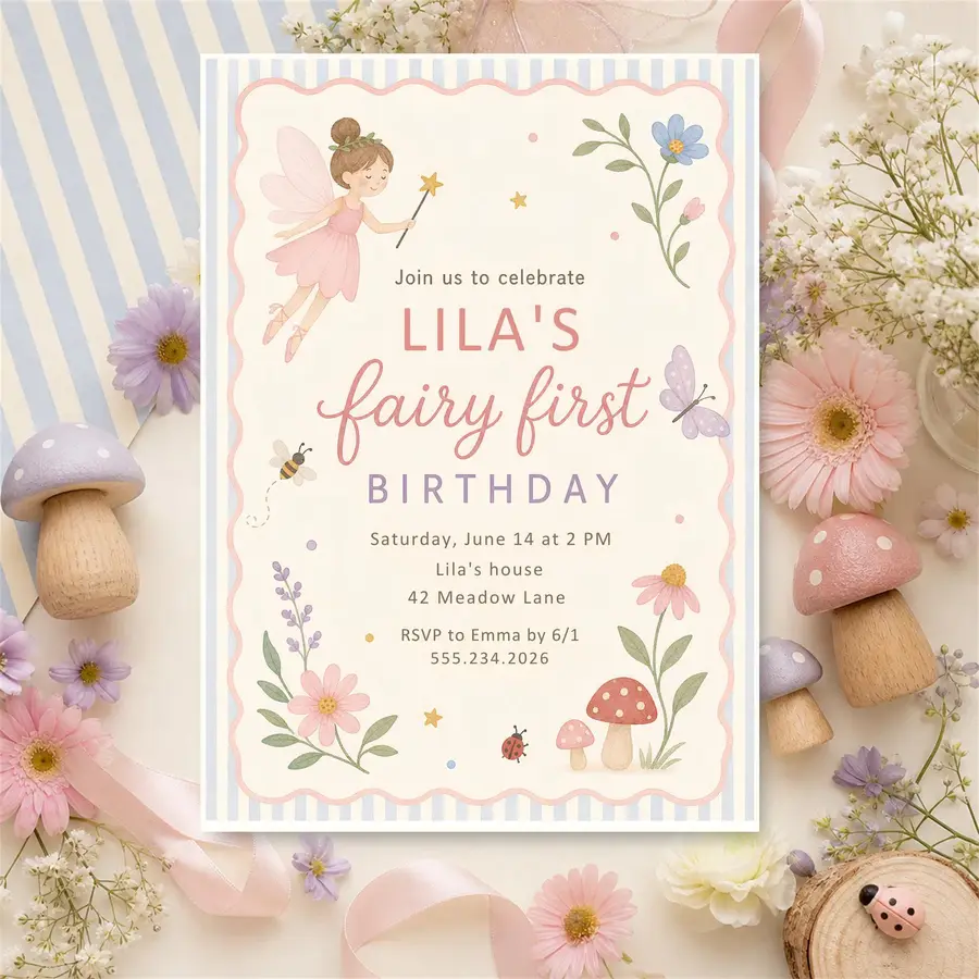 Styled product mockup: Set the tone for a birthday party with a fairy first birthday invitation template that feels polished and easy to use.