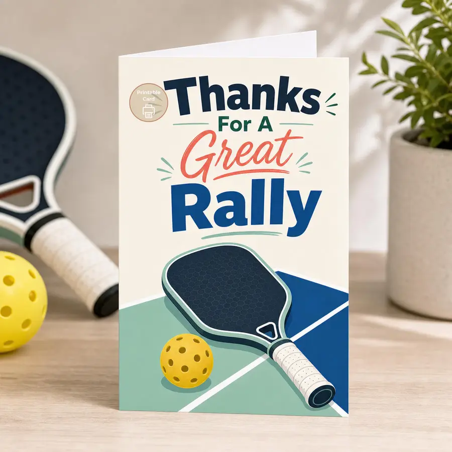 Styled product mockup: A bright pickleball thank-you card for the teammate, coach, or doubles partner who made the rally memorable.