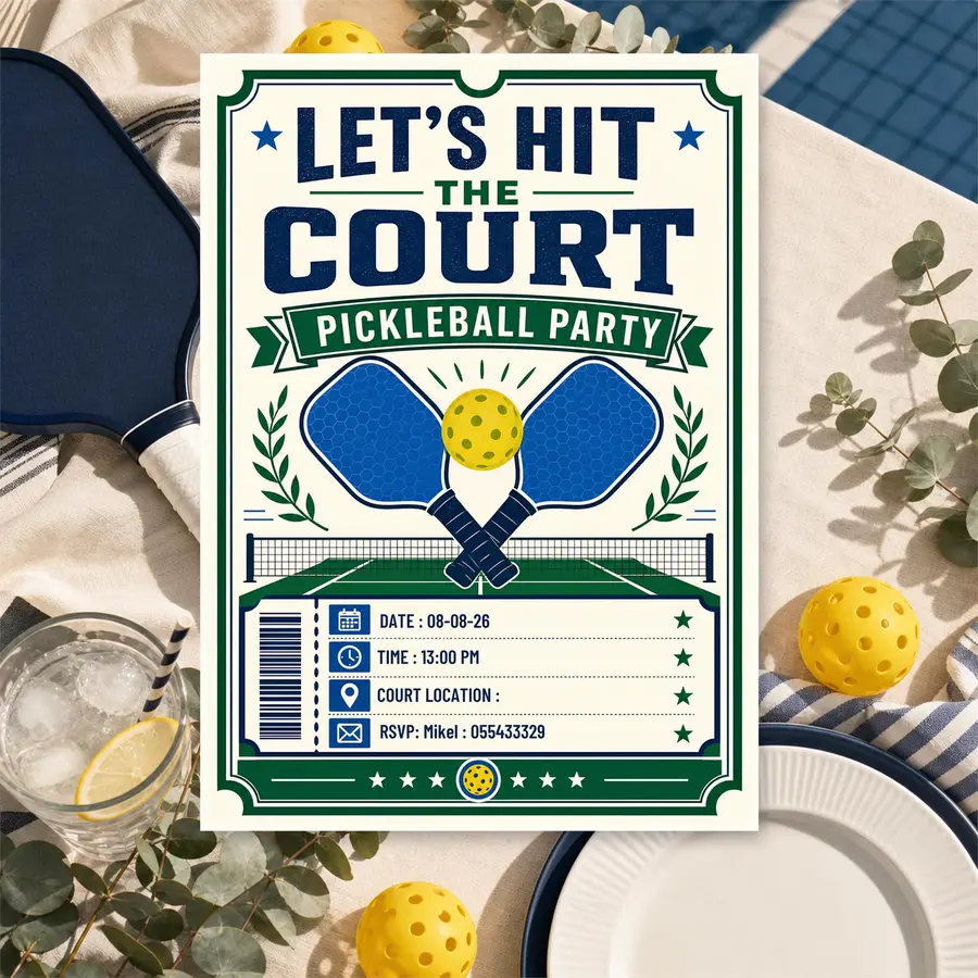Styled product mockup: Set the tone for a party with a pickleball party invitation template that feels polished and easy to use.