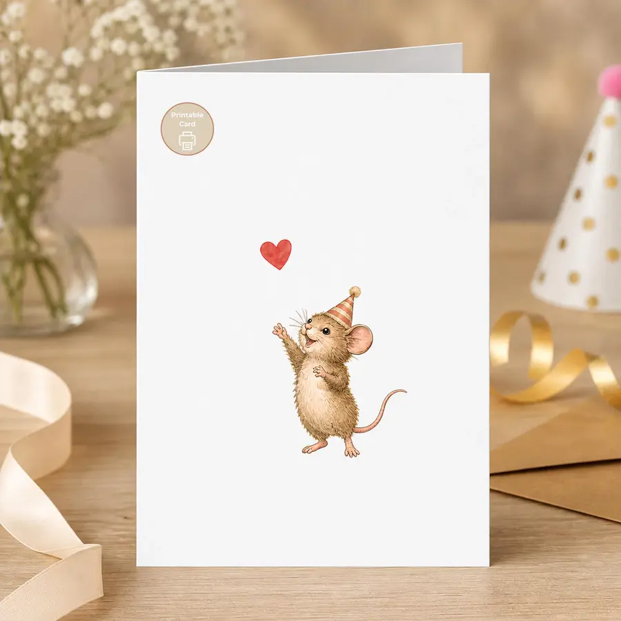 Styled product mockup: Send a tiny birthday smile with a watercolor mouse reaching up toward a red heart.