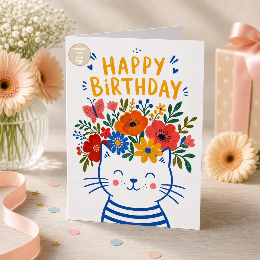 Styled product mockup: A cheerful flower-crowned cat makes this birthday card feel bright, playful, and handmade.