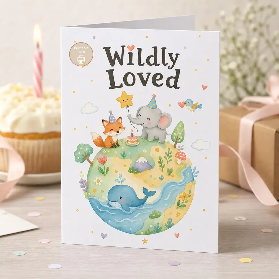 Styled product mockup: Some birthdays call for a card that feels playful, tender, and full of little wonders.