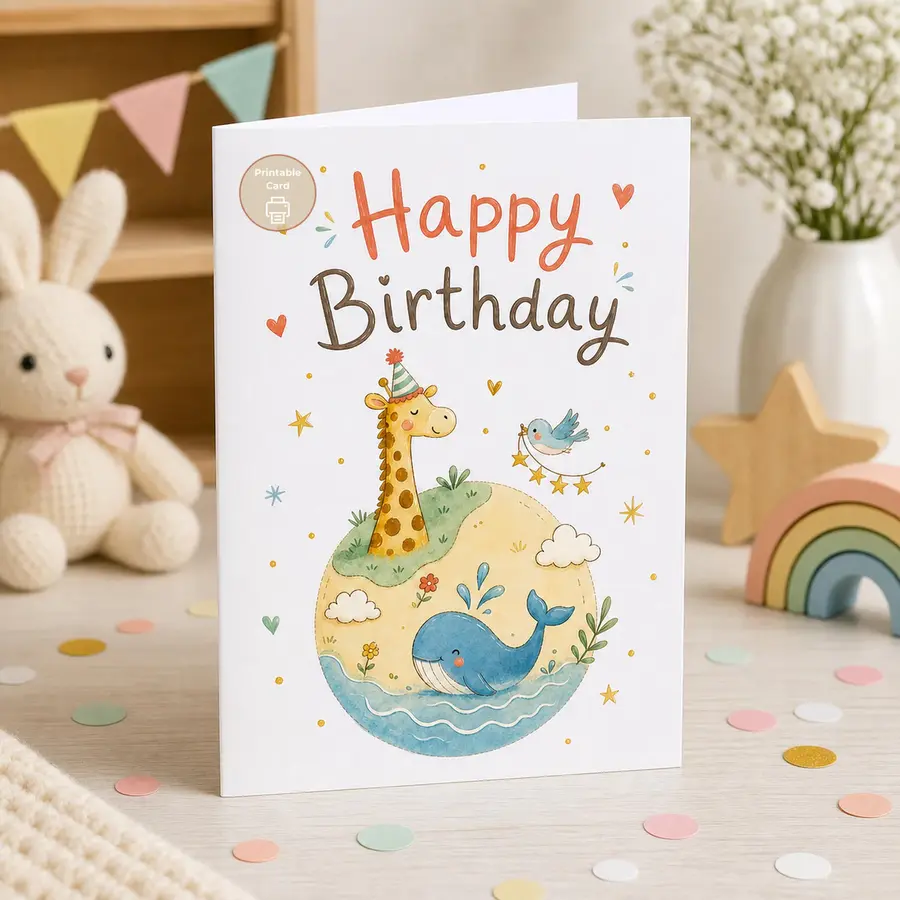 Styled product mockup: Send a soft, storybook birthday moment with a smiling whale, party-hat giraffe, and hand-lettered Happy Birthday message.