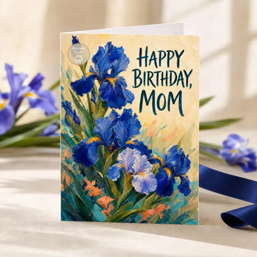 Styled product mockup: Deep blue irises and rich painterly texture bring a warm, artful touch to Mom's birthday.
