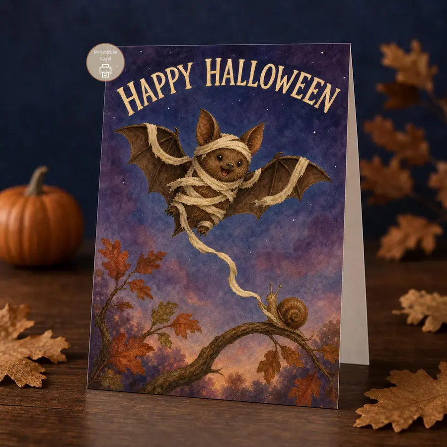 Styled product mockup: Send a little moonlit mischief this Halloween with a cheerful mummy-wrapped bat and its tiny snail helper.
