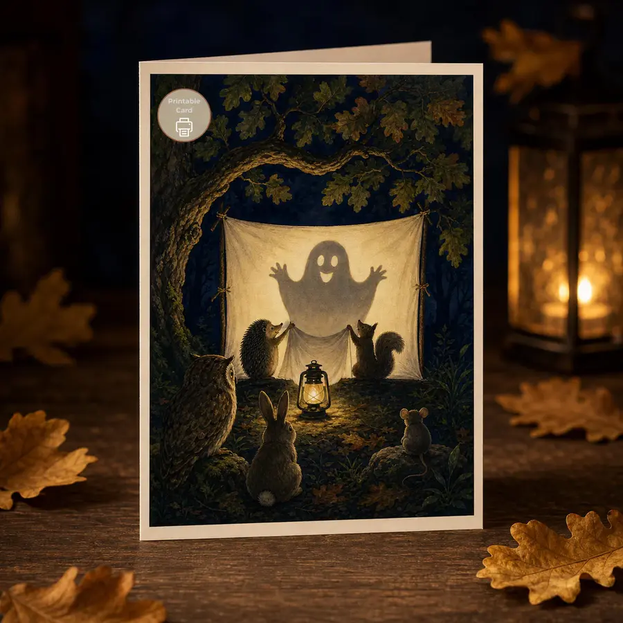 Styled product mockup: A little woodland troupe puts on a friendly ghost show beneath the autumn oaks, giving this Halloween card a warm storybook feel rather than a fright.