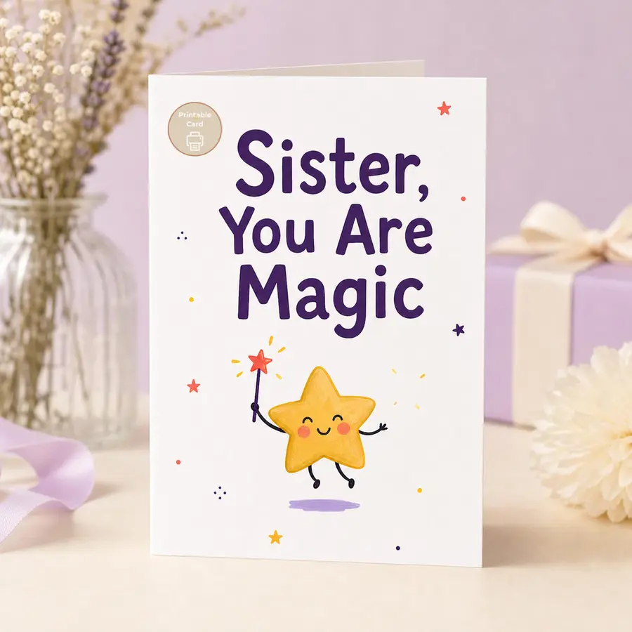 Styled product mockup: Celebrate the sister who brings a little magic to every day with this cheerful star-themed card.
