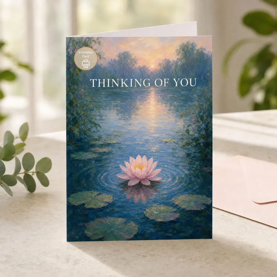 Styled product mockup: Let someone know they are on your mind with a serene water lily drifting across a blue, impressionist pond at sunset.
