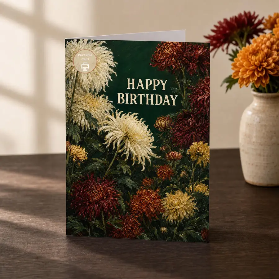 Styled product mockup: Rich chrysanthemums in cream, burgundy and burnt orange give this birthday design the warm, collected feel of a vintage oil painting.