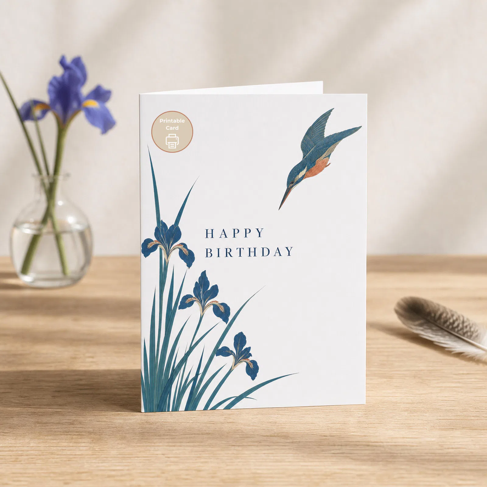 Kingfisher and Blue Iris Birthday Card - Vintage Botanical