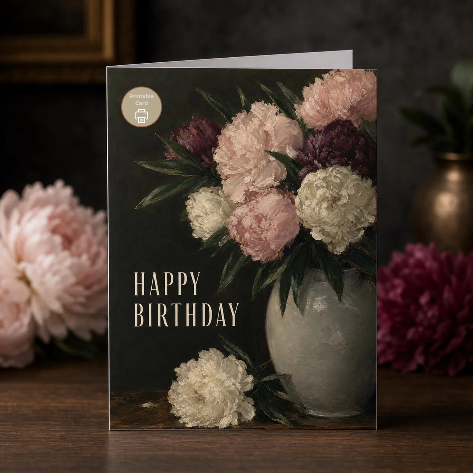Moody Peony Bouquet Birthday Card - Vintage Oil Painting