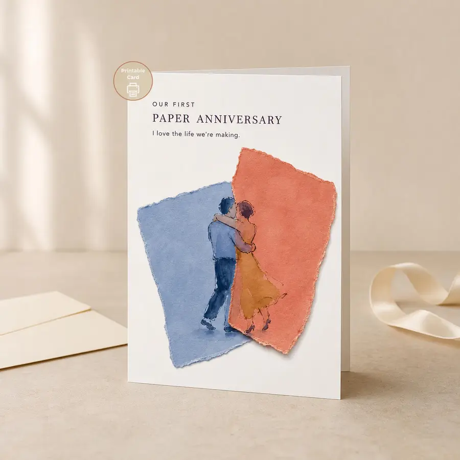 Styled product mockup: Celebrate the life you are building together with a tender card for a first wedding anniversary.